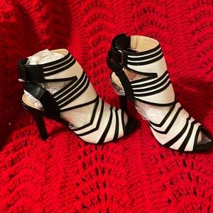 Peep Toe Heeled Sandal, Ankle Buckle Slingback Heels, Zebra style, Size 5